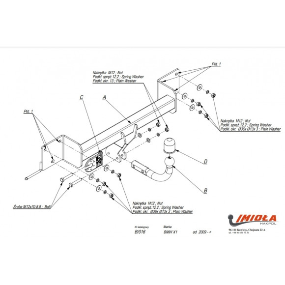 Tow Bar IMIOLA B/016, BMW X-1, 2009-2015 Tow Bar IMIOLA B/016, BMW X-1, 2009-2015