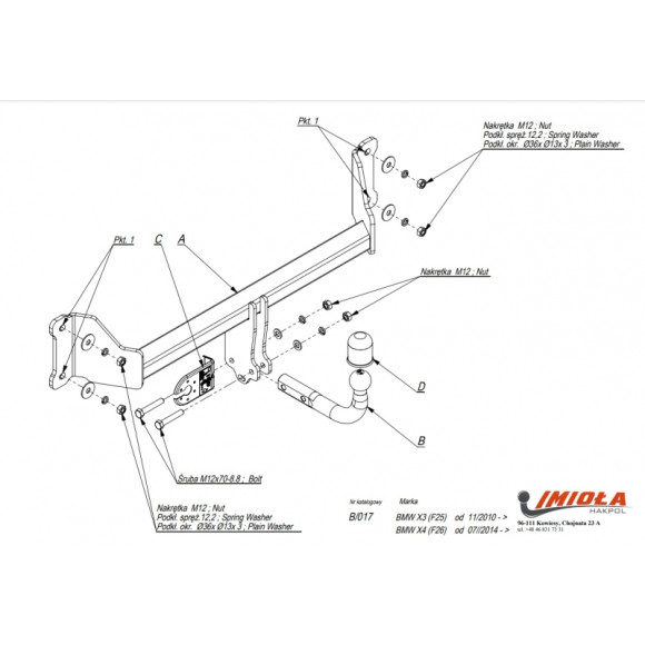 Tow Bar IMIOLA B/017, BMW X-3, 2010-2017, X-4, 2014- Tow Bar IMIOLA B/017, BMW X-3, 2010-2017, X-4, 2014-