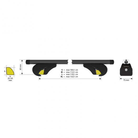 Roof rack for open rails NORDRIVE EVOS HELIO M, black,120см